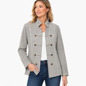 Made in Italy Military Denim Jacket Womens L/XL Gray Glitter Trim Frayed Raw Hem